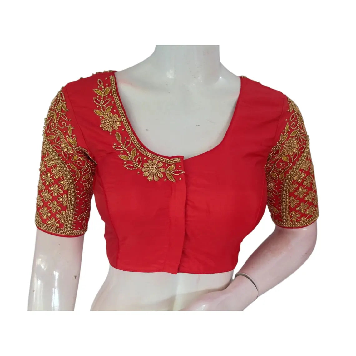 Traditional Red Color Aari Handwork Wedding Silk Saree Blouse