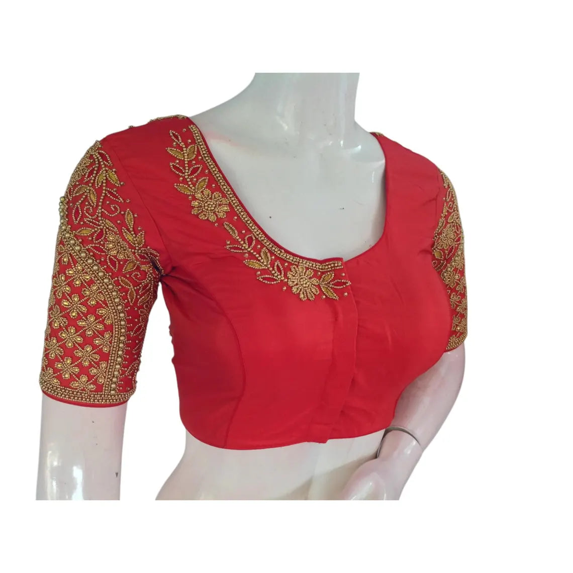 Traditional Red Color Aari Handwork Wedding Silk Saree Blouse