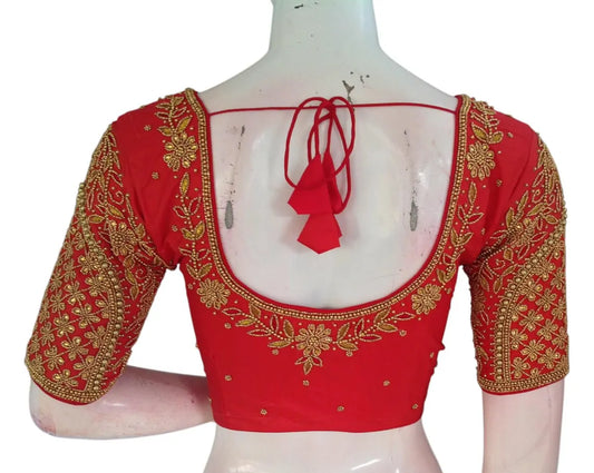 Traditional Red Color Aari Handwork Wedding Silk Saree Blouse