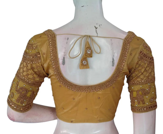 Radiant Gold Color Aari Handwork Wedding Silk Saree Readymade Blouse