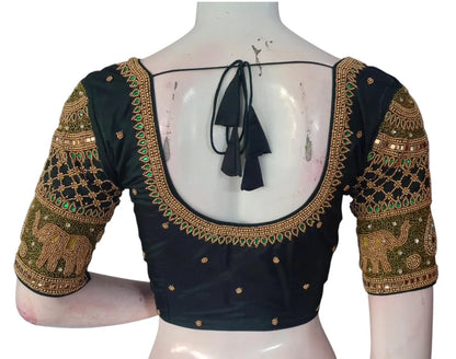 Luxurious Dark Green Color Aari Handwork Wedding Silk Saree Readymade Blouse