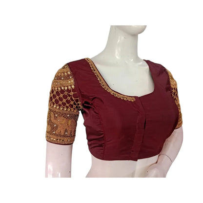 Deep Maroon Color Silk Saree Blouse, Heavy Aari Handwork Bridal Design