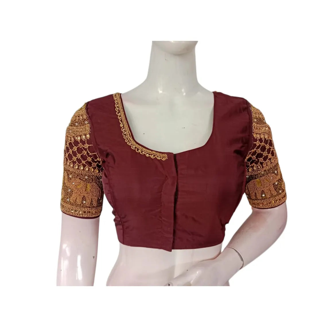 Deep Maroon Color Silk Saree Blouse, Heavy Aari Handwork Bridal Design