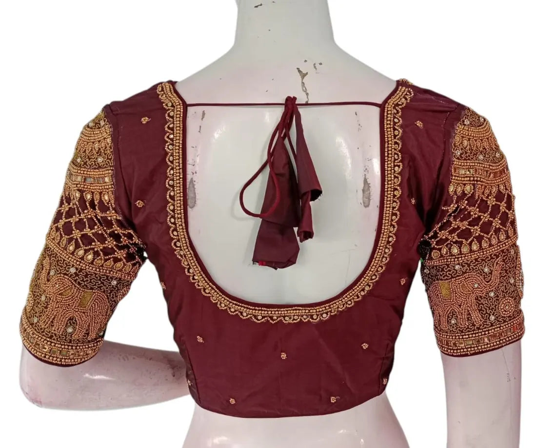 Deep Maroon Color Silk Saree Blouse, Heavy Aari Handwork Bridal Design