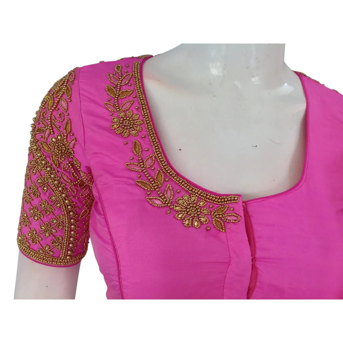 Neon Pink Color Aari Handwork Wedding Silk Saree Readymade Blouse