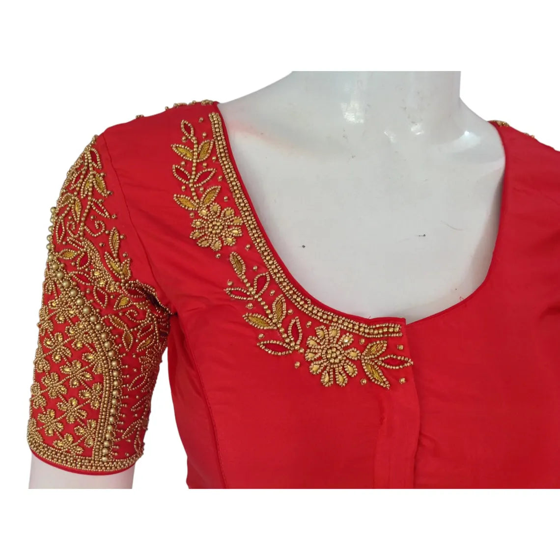 Traditional Red Color Aari Handwork Wedding Silk Saree Blouse