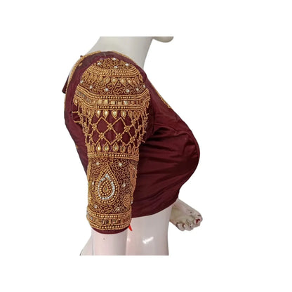 Deep Maroon Color Silk Saree Blouse, Heavy Aari Handwork Bridal Design