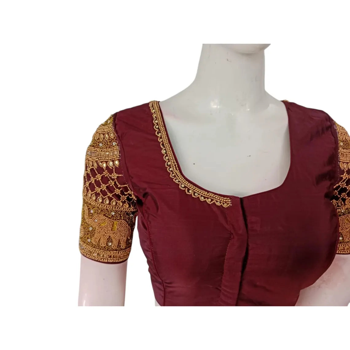 Deep Maroon Color Silk Saree Blouse, Heavy Aari Handwork Bridal Design