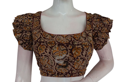 Dark Maroon Color Kalamkari Cotton Designer Blouse with Ruffle Sleeves