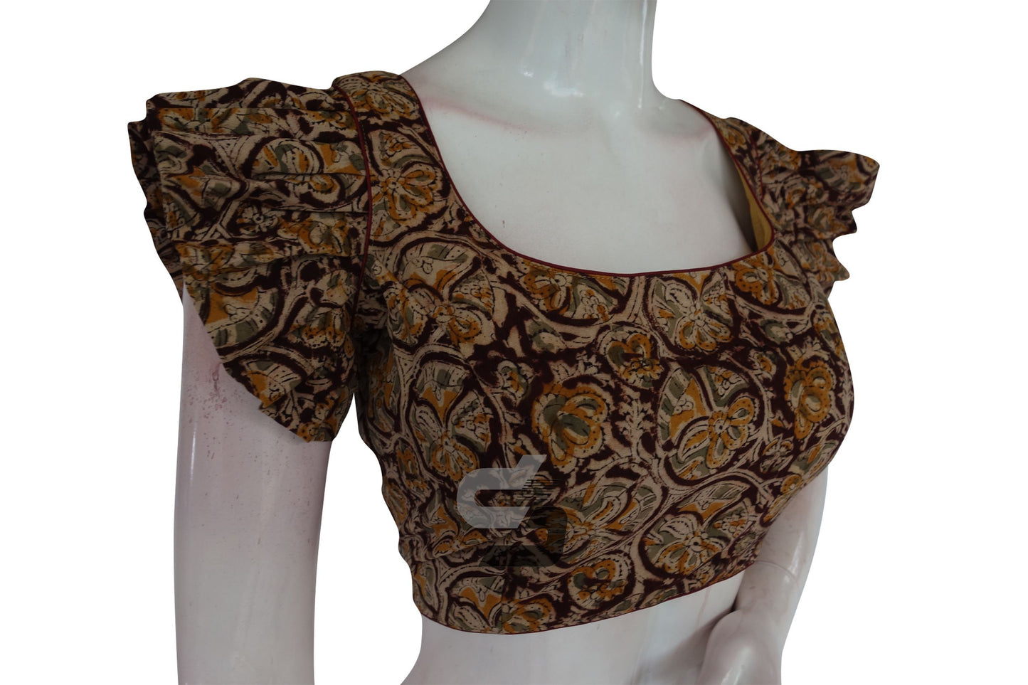 Dark Maroon Color Kalamkari Cotton Designer Blouse with Ruffle Sleeves