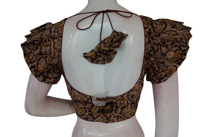 Dark Maroon Color Kalamkari Cotton Designer Blouse with Ruffle Sleeves