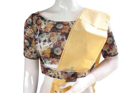 Beige Color Digital Floral Prints Designer Readymade Blouse with Saree Belt - D3blouses