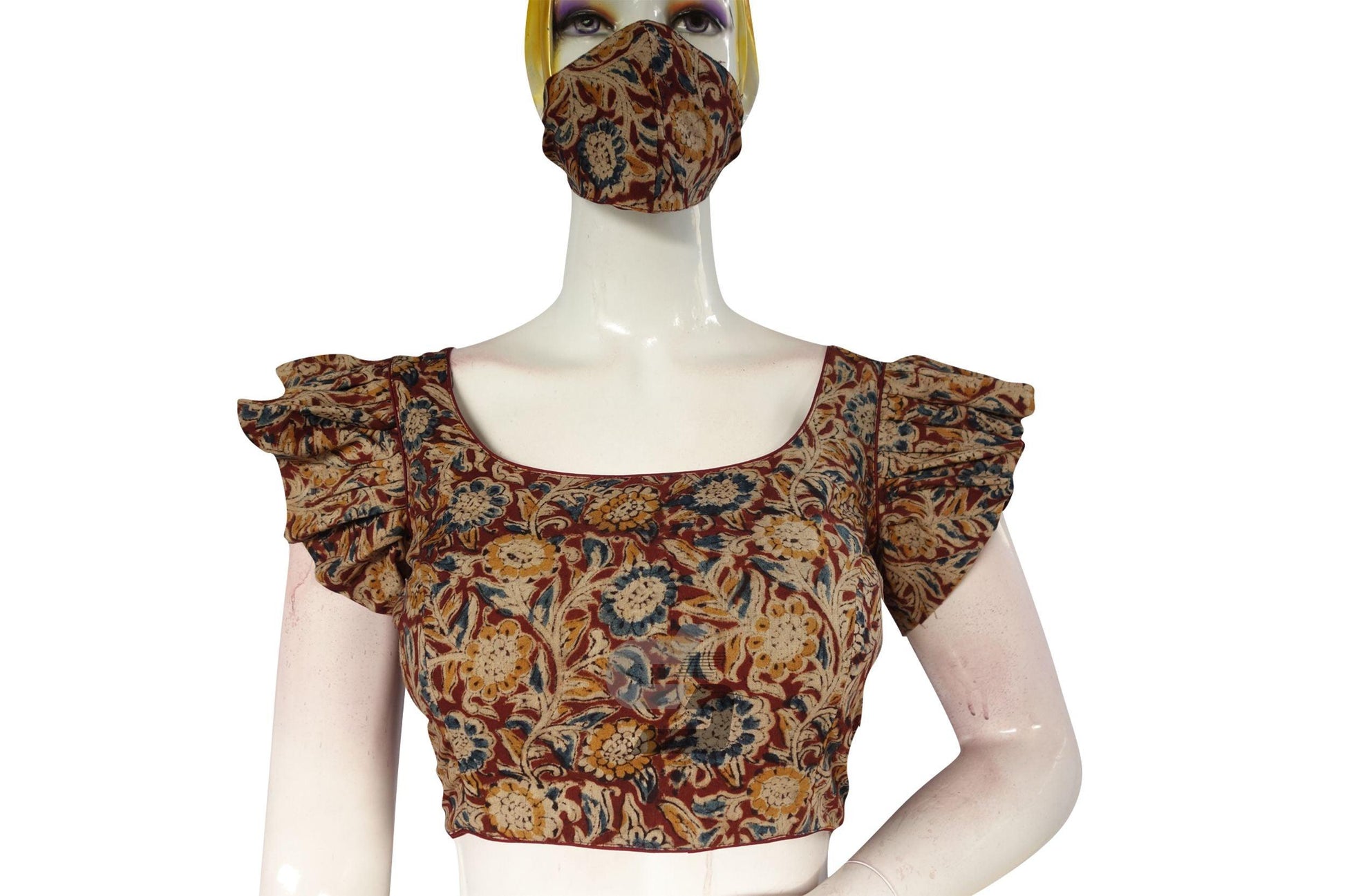 Crimson Elegance, Maroon Kalamkari Cotton Blouse with Designer Ruffle Sleeves - D3blouses