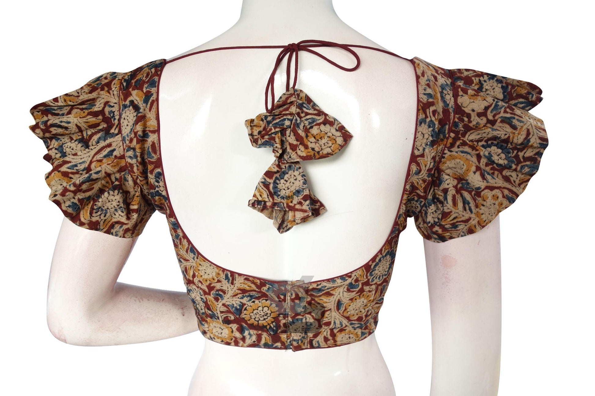 Crimson Elegance, Maroon Kalamkari Cotton Blouse with Designer Ruffle Sleeves - D3blouses