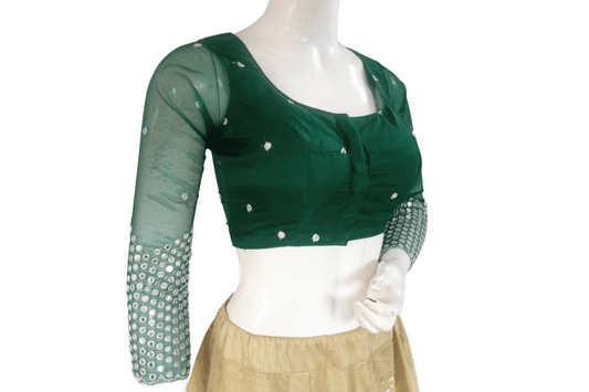 Green Color Designer Net Foil Mirror Readymade Blouse with Bracelet Sleeve and Tassels - D3blouses