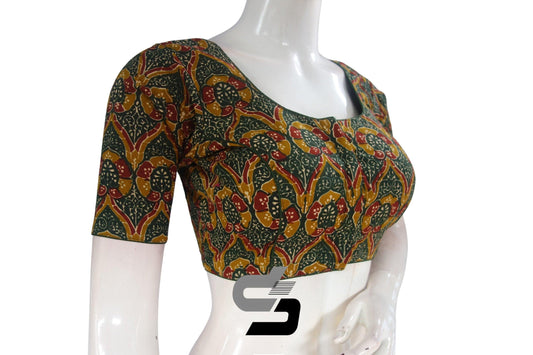 Dark Green Color Cotton Printed Readymade Saree Blouse - D3blouses