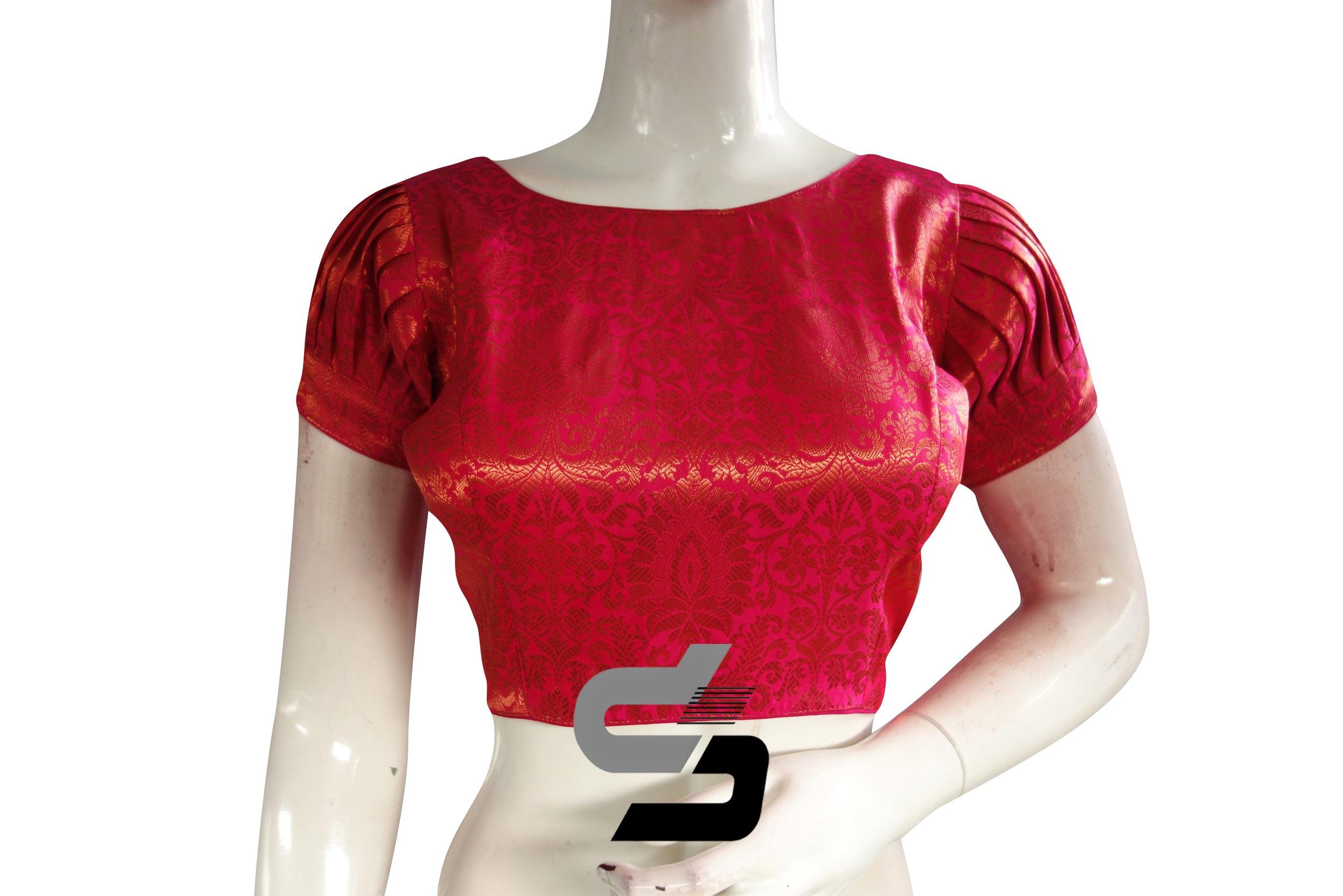 Red silk and brocade puff sleeve blouse with border detailing