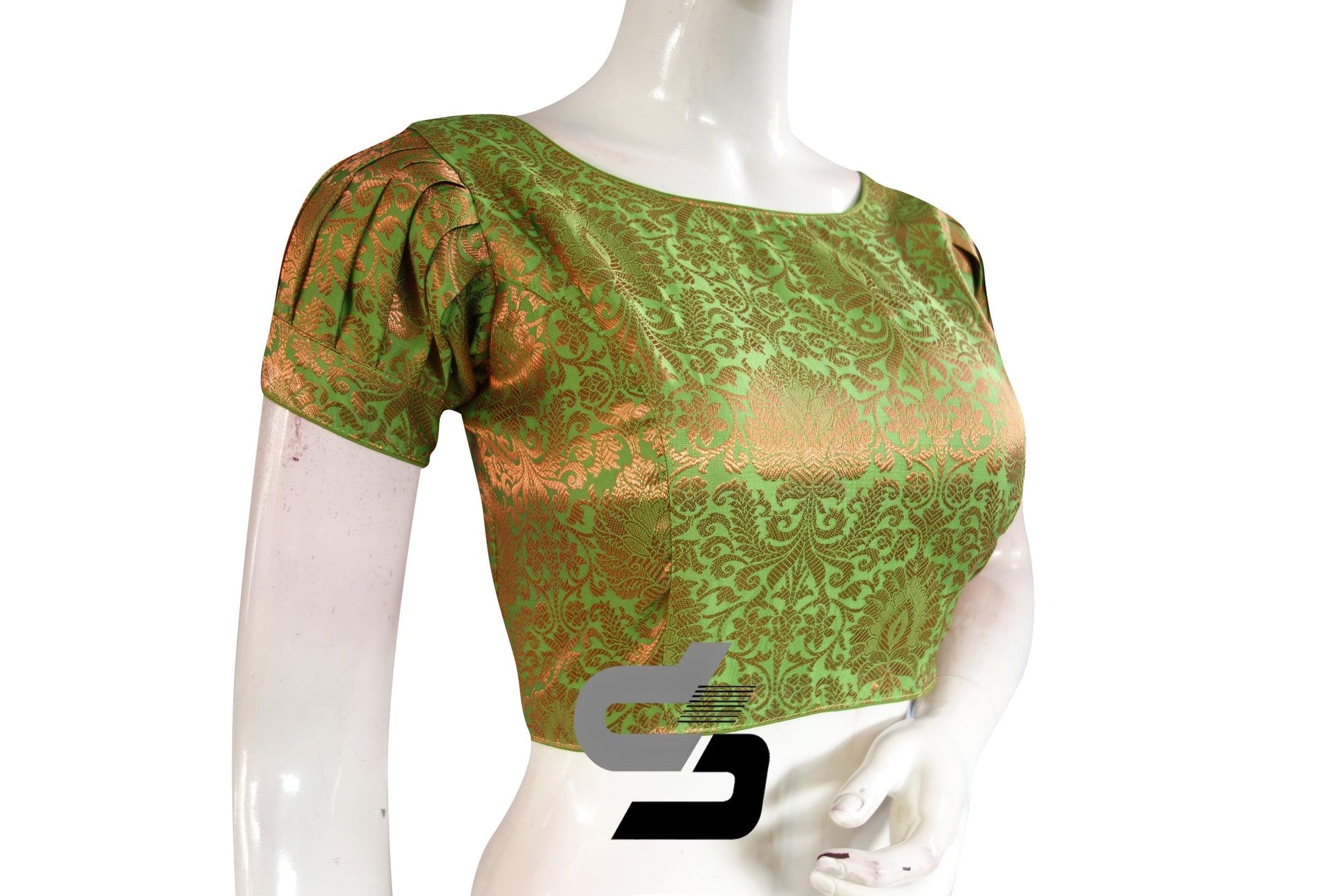 Green Color Brocade Puff Sleeves Readymade Saree Blouse With Boat Neck - D3blouses