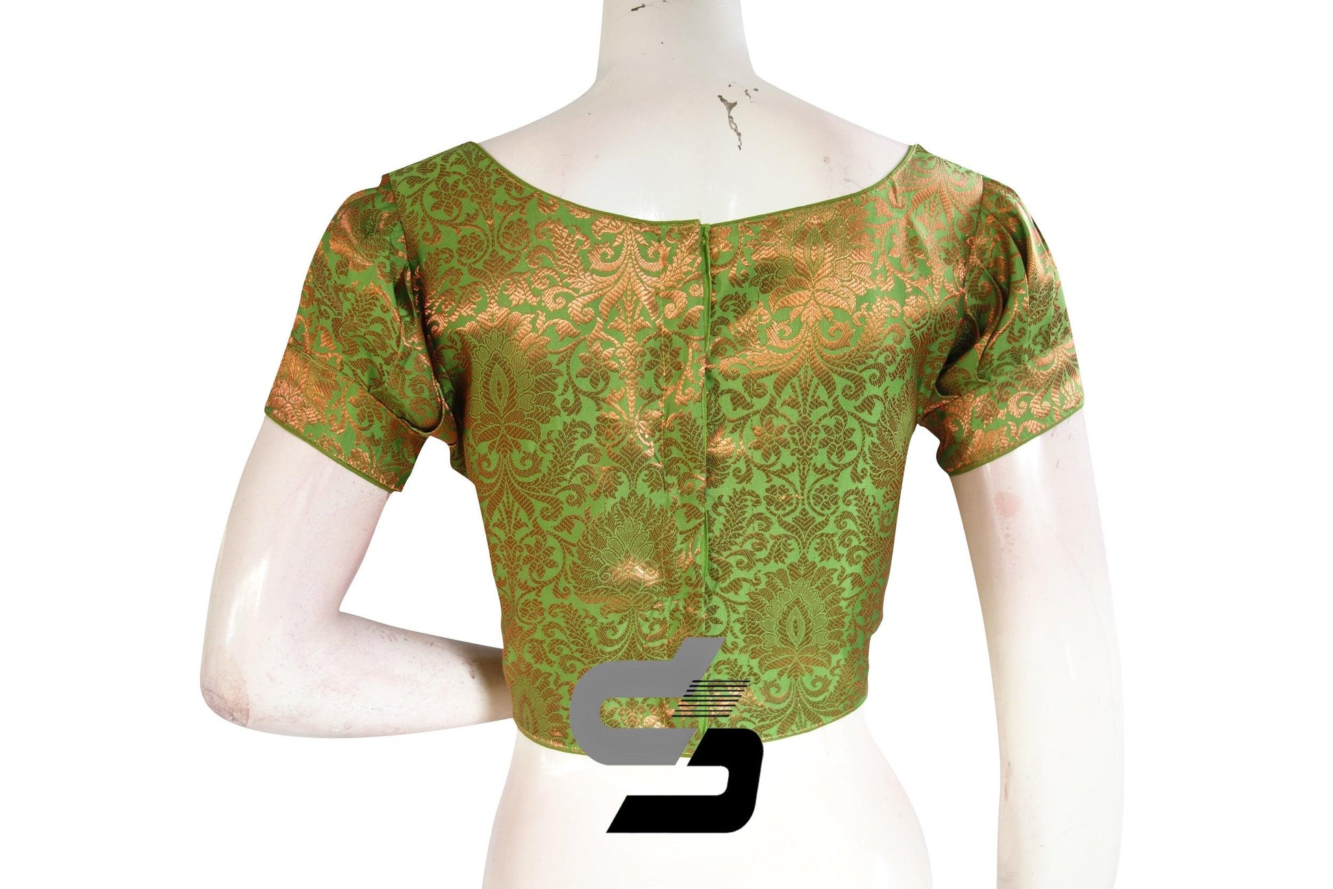 Green Color Brocade Puff Sleeves Readymade Saree Blouse With Boat Neck - D3blouses