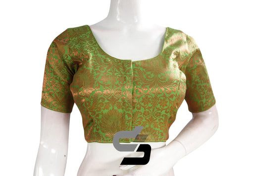 Green Color Premium Brocade Silk Readymade Saree Blouse - D3blouses