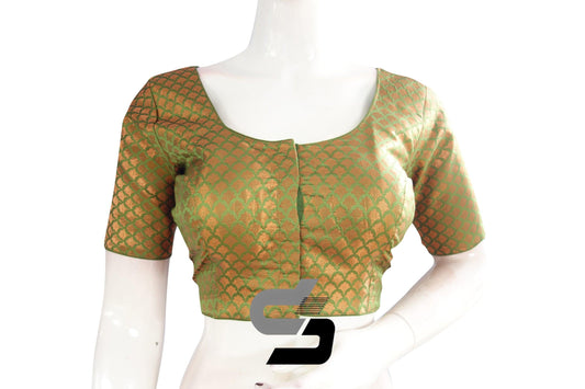 Green Color Premium Brocade Silk Readymade Saree Blouse - D3blouses