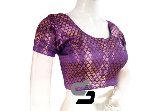 Purple Color Brocade Puff Sleeves Readymade Saree Blouse - D3blouses