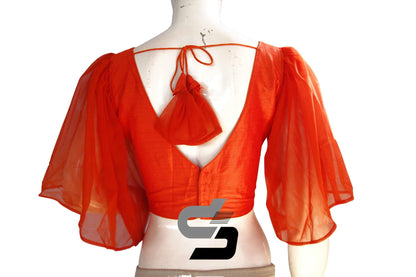 Orange Color Plain Silk Designer Ruffle Sleeve Readymade Blouse - D3blouses