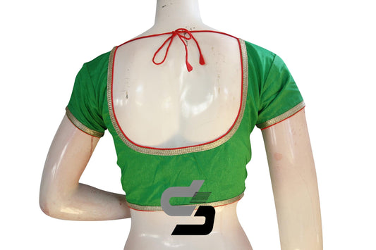 Green Color Raw Silk Embroidery Designer Party Wear Readymade Blouse/ Indian Crop Tops - D3blouses