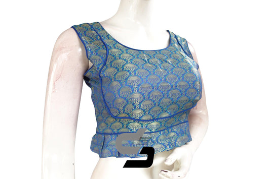 Blue Color Sleeveless Brocade Designer Party Wear Readymade Blouse/ Indian Crop Tops - D3blouses