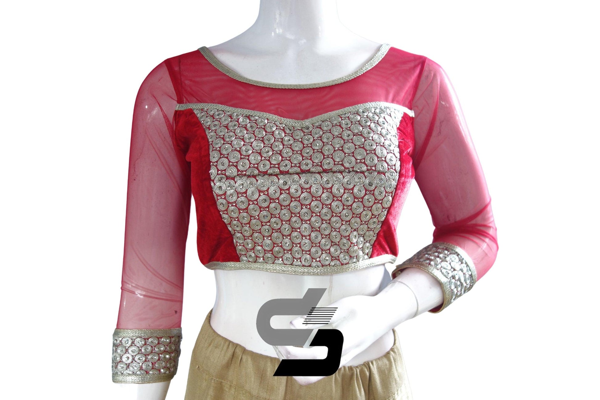 Red Color Velvet 3/4th Designer Party Wear Readymade Blouse/ Indian Crop Tops - D3blouses