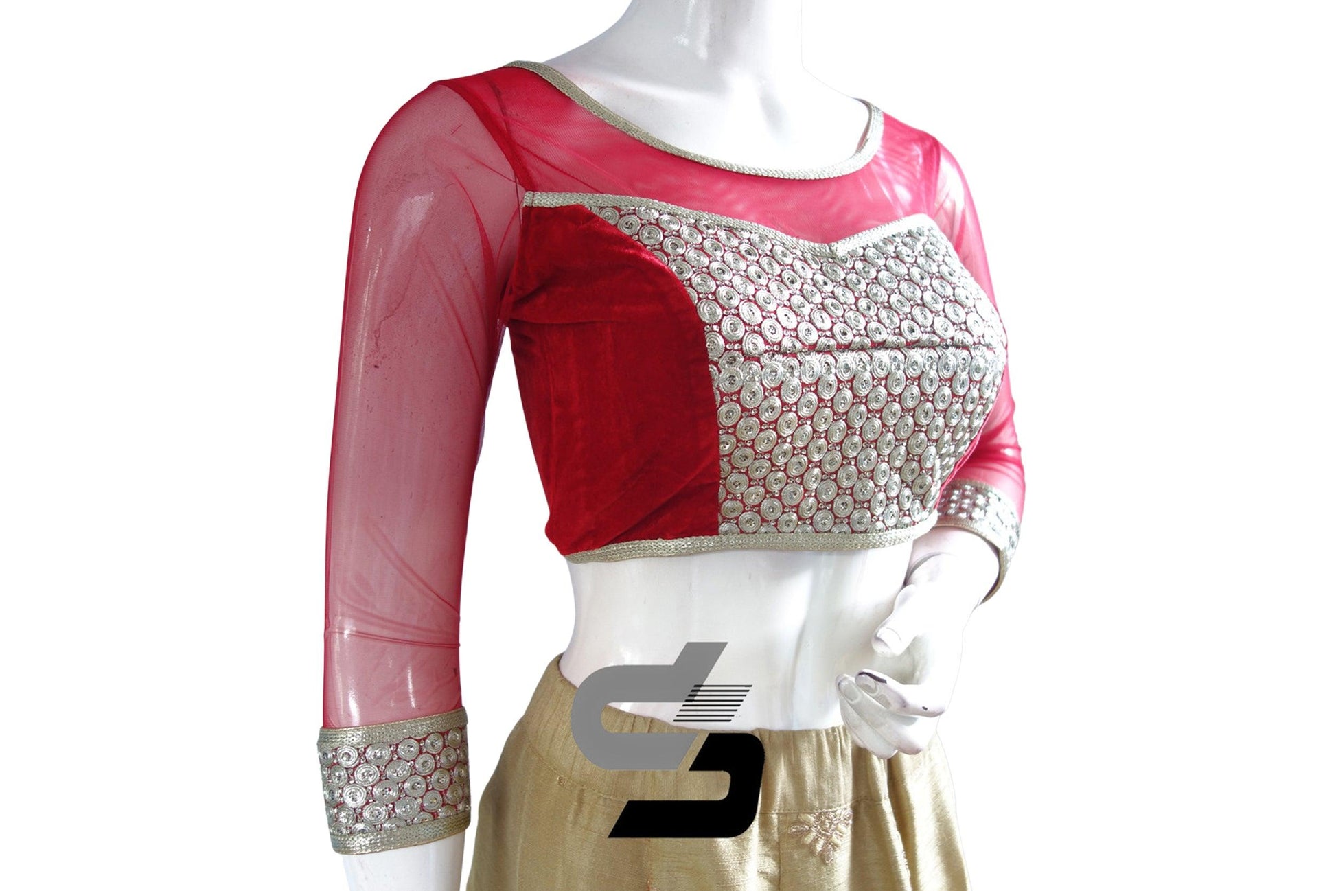 Red Color Velvet 3/4th Designer Party Wear Readymade Blouse/ Indian Crop Tops - D3blouses