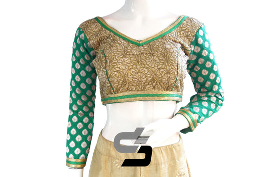 Green Color Semi Silk Embroidery Bracelet Sleeve Designer Party Wear Readymade Blouse/ Indian Crop Tops - D3blouses