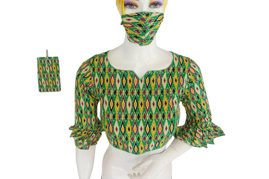 copy of cotton printed designer readymade blouse with matching mask