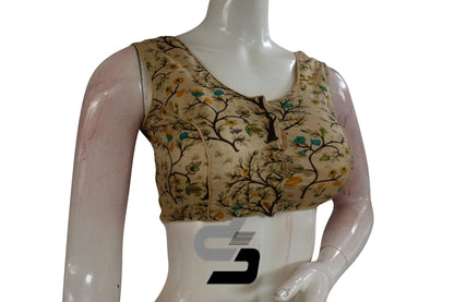 Beige Color Printed silk Sleeveless Readymade saree blouse - D3blouses