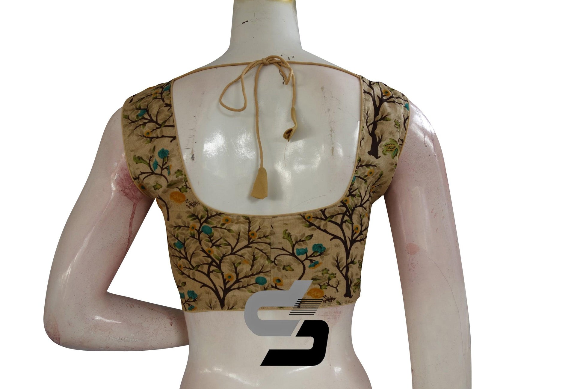 Beige Color Printed silk Sleeveless Readymade saree blouse - D3blouses