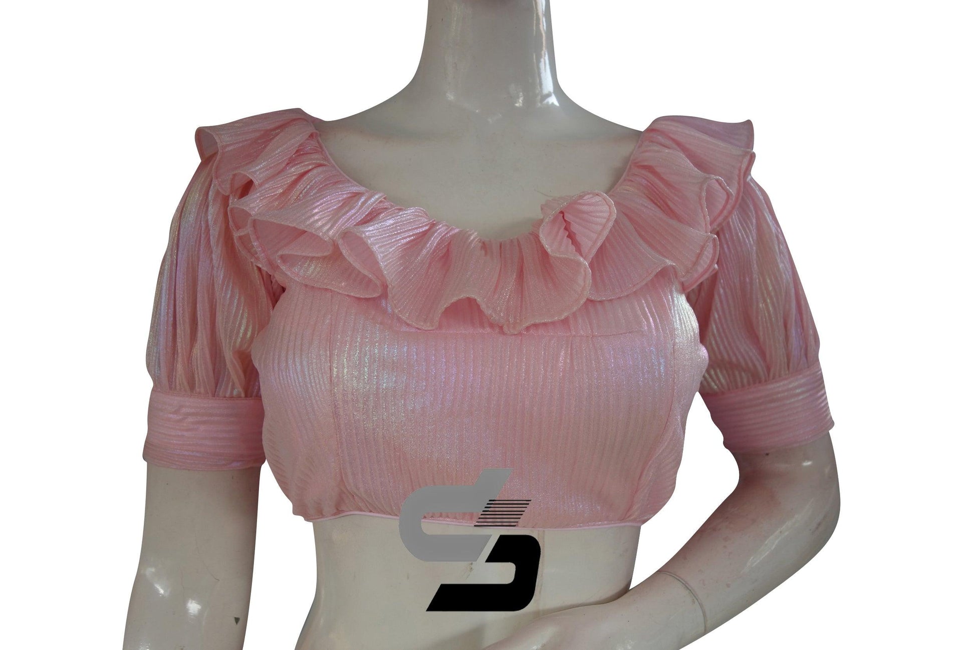 Pastel Pink Pre-Pleated Saree Blouse: Frill Neckline, Puff Sleeves - D3blouses