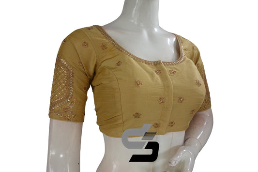 Gold Color Semi Silk Designer Embroidery Readymade Saree Blouse - D3blouses