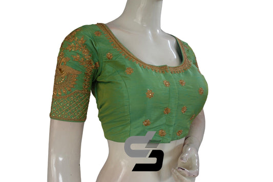 Green Color Semi Silk Designer Embroidery Readymade Saree Blouse - D3blouses