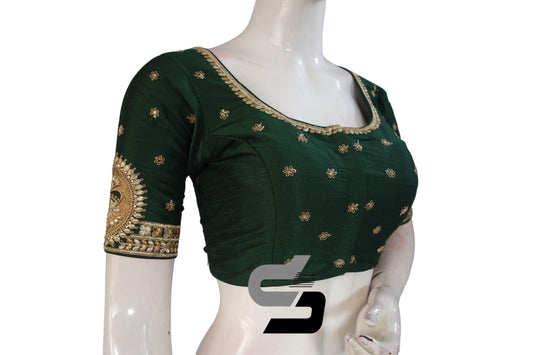 Darck Green Color Semi Silk Designer Embroidery Readymade Saree Blouse - D3blouses