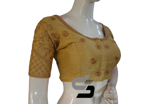 Gold Color Semi Silk Designer Embroidery Readymade Saree Blouse - D3blouses