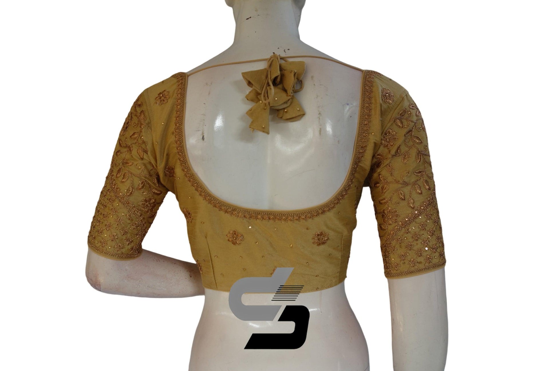 Gold Color Semi Silk Designer Embroidery Readymade Saree Blouse - D3blouses