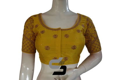 Yellow Color Semi Silk Designer Embroidery Readymade Saree Blouse - D3blouses