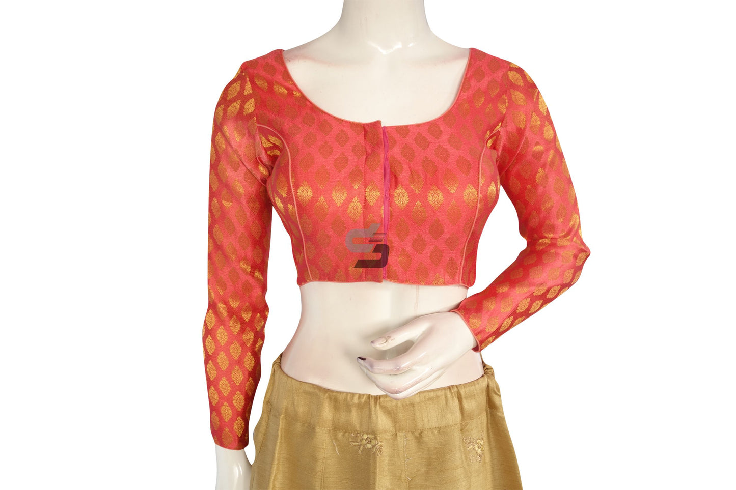 Pastel Orange Color Brocade Silk Full Sleeves Readymade Blouse