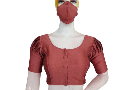 Discover complete style harmony with our 'Onion Pink' plain puff-sleeved blouse, accompanied by a coordinating face mask, ensuring both elegance and safety in perfect sync.